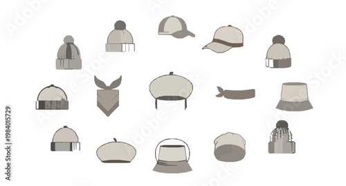 Hand drawn headwear doodle set with knitted hat cap panama bandana and fashion accessories