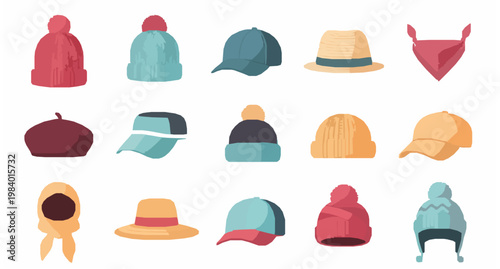 Flat headwear vector set with knitted hat cap panama bandana beret and modern accessories collection