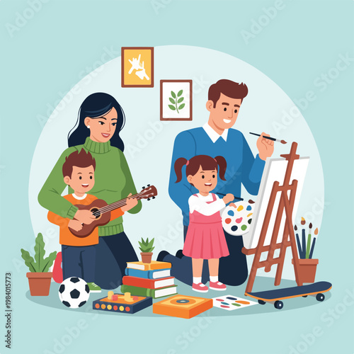 Family Playing Music and Painting Together.