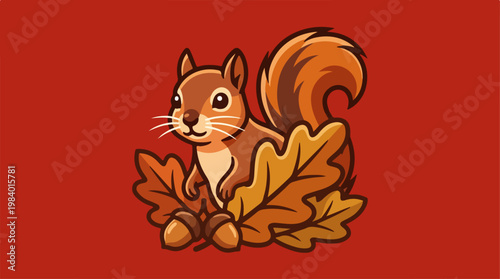Cute squirrel surrounded by autumn leaves and acorns on red background.