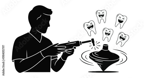 Man playfully targets spinning top with toy dental drill while cheerful teeth watch