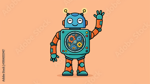 Friendly Robot with Gears and Antennae Waving Hello.