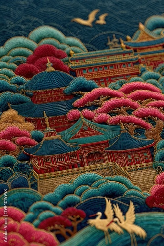 Colorful Asian Temple Landscape with Stylized Trees