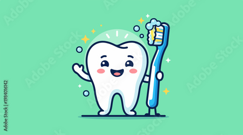 Happy Tooth with Toothbrush - Dental Hygiene and Oral Health Illustration.