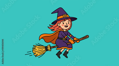 Happy witch girl flying on a broomstick in the sky.