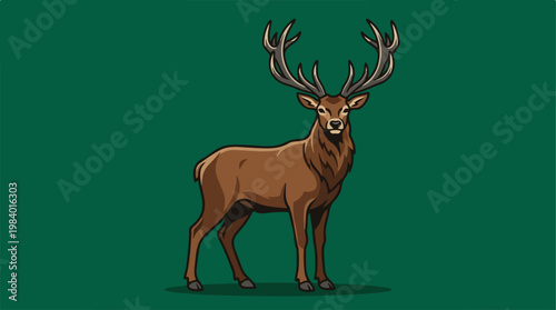 Majestic stag stands proudly against a vibrant green backdrop.
