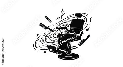 Vintage barber chair surrounded by swirling galaxy and grooming tools