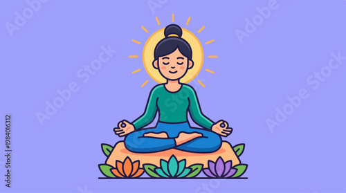 Meditating woman in lotus position with sun halo, peaceful illustration.
