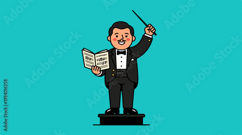Orchestra Conductor Directing Music with Baton and Sheet Music.