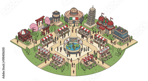 Vibrant festival event takes place in a flat vector illustration of a lively outdoor scene with people, food stalls, and colorful buildings.