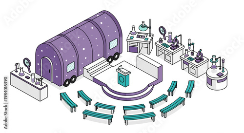 Flat vector illustration of a vibrant festival event with a purple tent and various booths