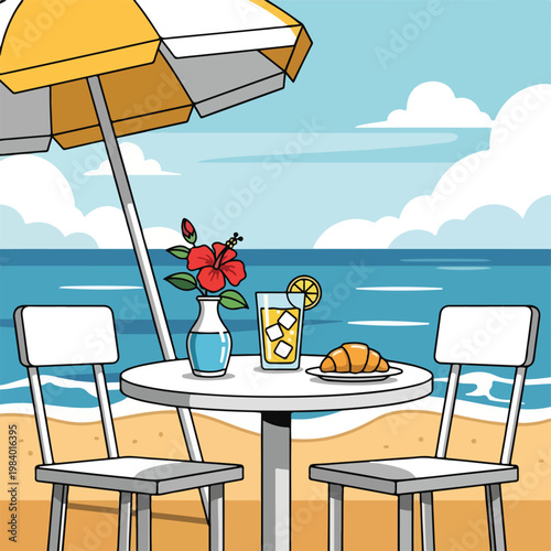 A beachside table setting with a drink, croissant, and flowers