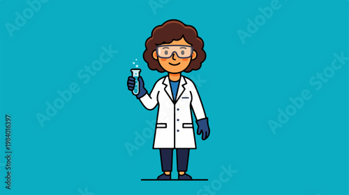 Scientist in lab coat holding a test tube with a blue background.