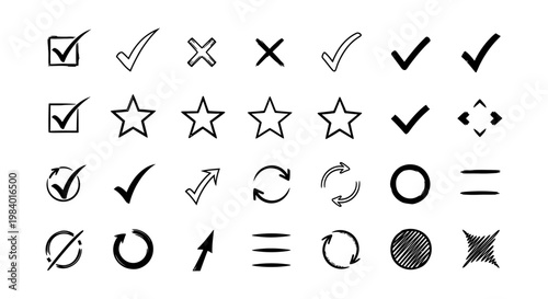 hand drawn icons sketch symbols check marks x marks and arrow graphics perfect for ui design and web elements