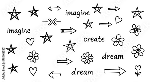 handdrawn doodle collection of stars hearts flowers arrows and uplifting words imagine create dream perfect for various design projects.
