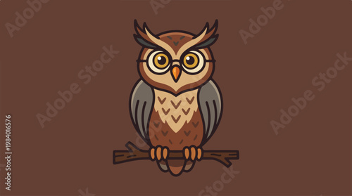 Wise owl wearing glasses perched on a branch, looking forward.