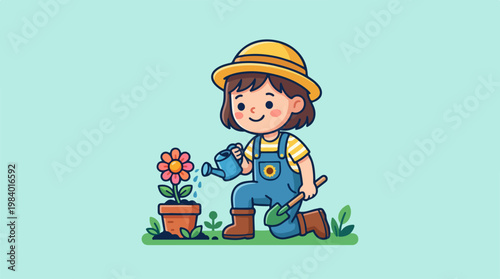 Young Gardener Nurturing Blooming Flower with Watering Can in Garden.