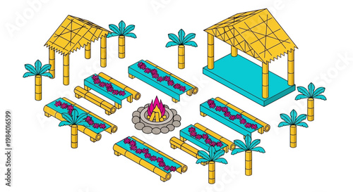 Flat vector illustration of a lively festival event with people gathered around a campfire, palm trees, and colorful tables under vibrant pavilions.