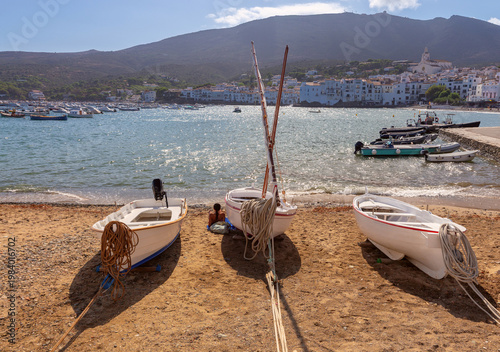 Small boats on beach in Cadaques bay, Catalonia, Spain