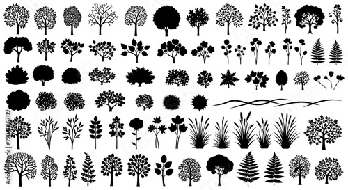 collection of stylized silhouette trees bushes and plants on a white background