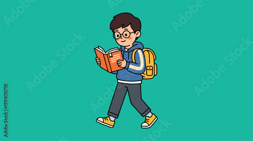 Young student walking and reading a book with a backpack on his back.