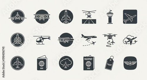 Collection of aviation and travel icons in a grid layout.