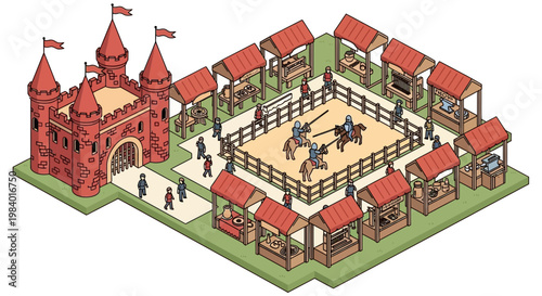 A vibrant festival event takes place at a medieval castle surrounded by stalls and a jousting arena with knights on horseback in a flat vector illustration.
