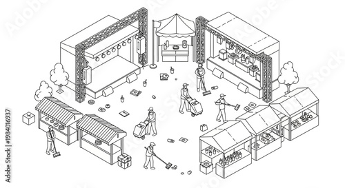 Flat vector illustration of a lively festival event with people enjoying food stalls and entertainment at an outdoor fairground scene