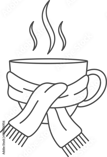 Cozy steaming cup of coffee wrapped in a scarf for warmth and comfort