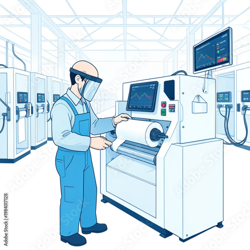 Cleanroom Technician Monitoring Lithium Ion Battery Production Line Vector Illustration