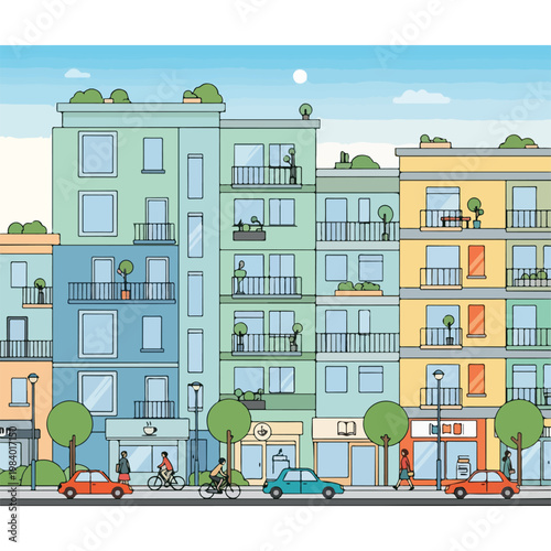 Colorful urban apartment buildings downtown.