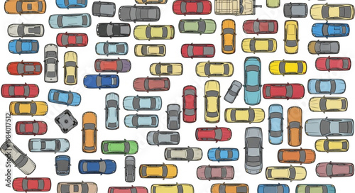Aerial view of many colorful cars parked closely together.