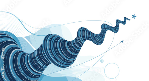 Abstract blue ribbon or pipe structure twisting dynamically through space with arrows and stars on a white background.