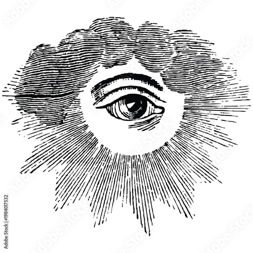 This image depicts a stylized, ancient-looking eye enclosed within a circular boundary, radiating numerous fine lines outward like sunrays. The intricate swirling patterns around the eye give it an en