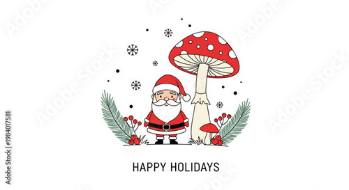 Tiny Santa Claus character standing next to a large red spotted mushroom in a snowy forest during the Christmas season.