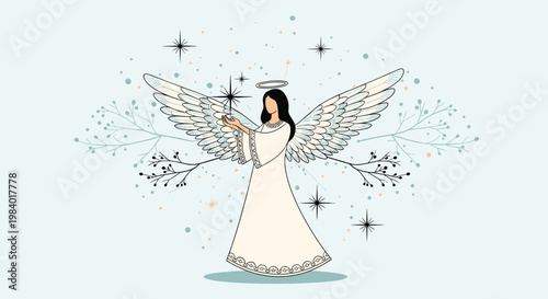 Beautiful angel in a white dress holding a glowing star surrounded by delicate branches and floating particles.