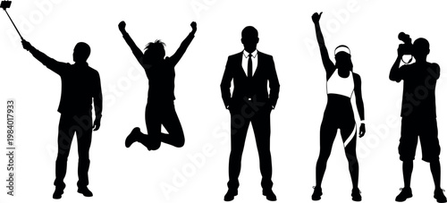 Collection of black vector silhouettes featuring diverse people taking selfies jumping standing in business suits exercising and holding cameras isolated
