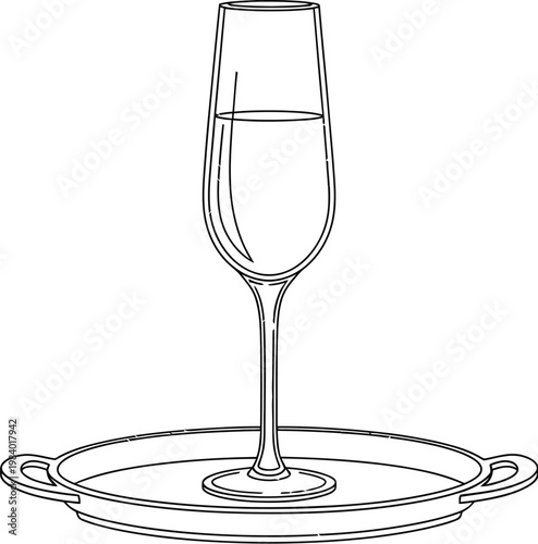A detailed line drawing of a champagne flute on a serving tray with handles present