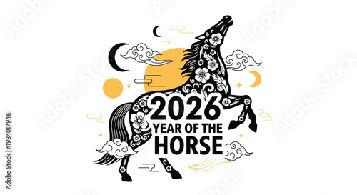 Powerful black horse rearing up among clouds and celestial bodies for the 2026 Year of the Horse celebration.