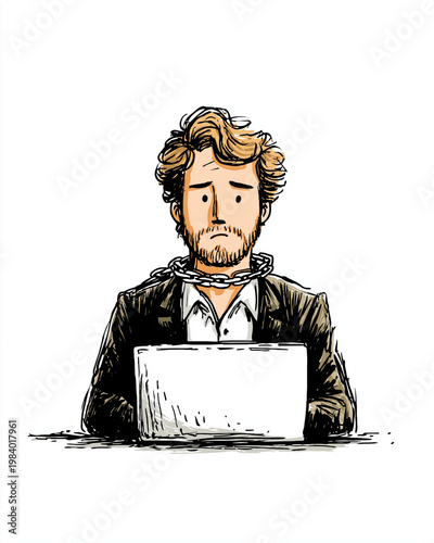 Confined by Chains: A distressed individual is depicted working on a computer, with chains binding them, a powerful illustration of the feeling of being trapped.