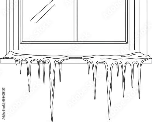 Melting ice forms icicles under a window sill in a simple line drawing illustration style