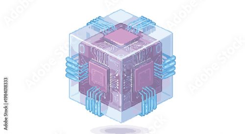 Quantum Processor Cube with Circuitry and Microchips Pixel Art