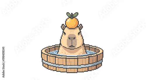 Cute Capybara in Japanese Hot Spring Onsen with Yuzu Fruit Pixel Art