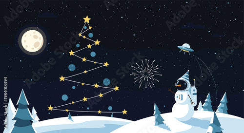 Whimsical winter night scene with a snowman astronaut, a flying saucer, and a star constellation christmas tree.