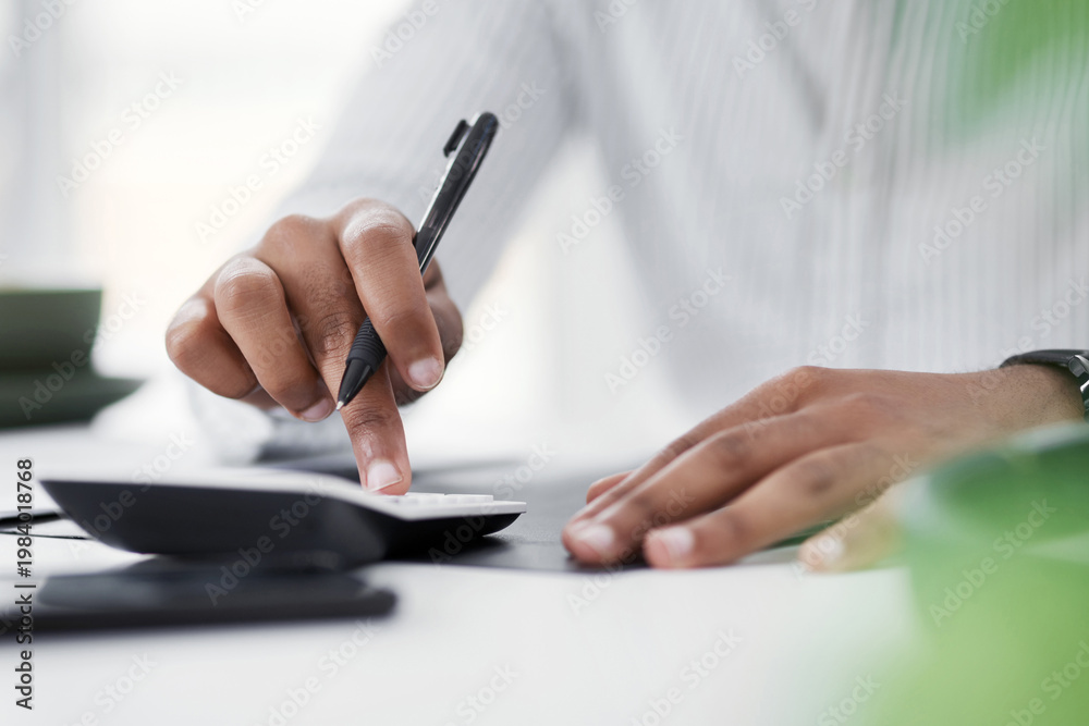 Fototapeta premium Business, finance or hands with calculator in office for investment valuation, bond pricing or ROI. Financial analyst, person or tech at banking firm for interest rate conversion, budget or cash flow