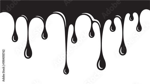 Black Liquid Drip, Abstract Ink Droplets and Paint Flow Border on White Background