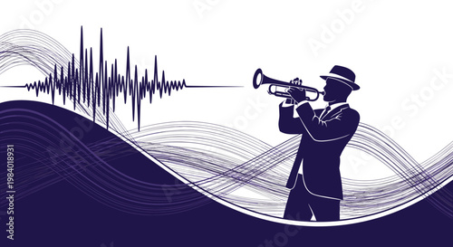 Silhouette of a jazz musician playing a trumpet against a background of various abstract musical waves and pulses.