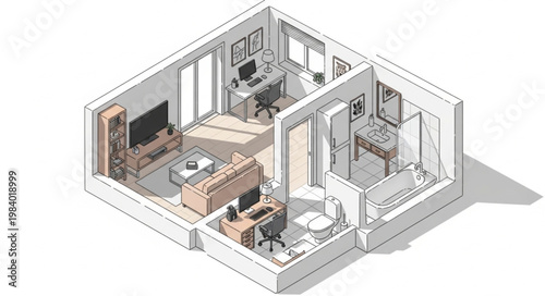 Isometric view of a modern apartment layout with bedroom and bathroom.
