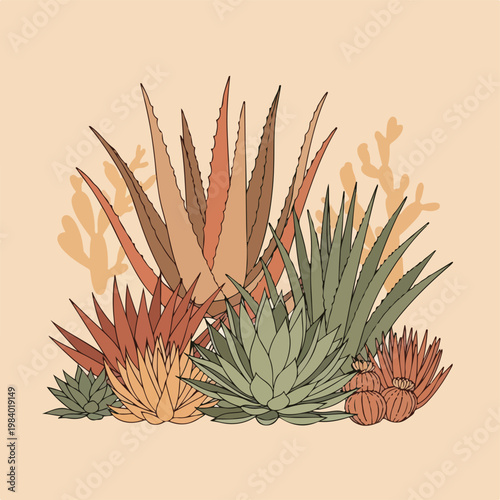 Variety of colorful spiky leaf plants.