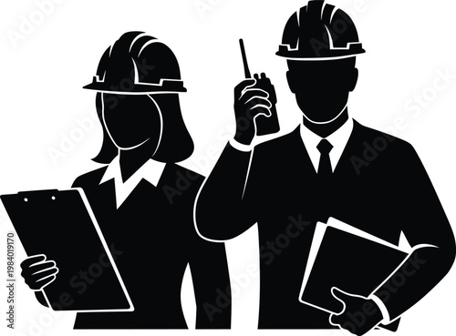 Professional silhouettes of male and female construction workers or engineers in hard hats, representing essential teamwork and project management on an industrial site